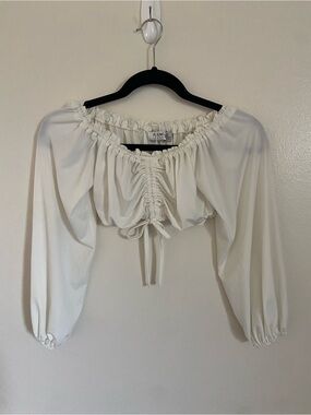 Flounce London Cream Drawstring Off-Shoulder Crop Top